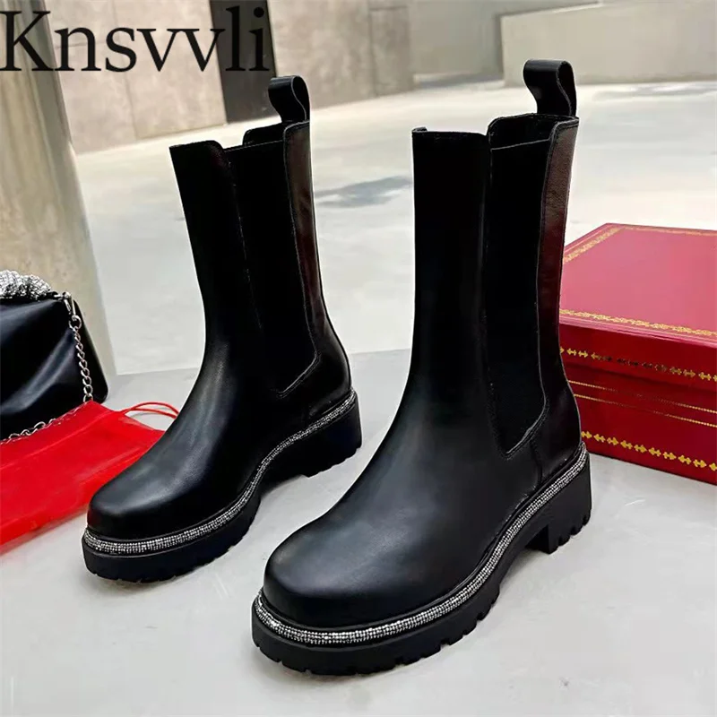 

Classics Chelsea Boots Women Crystal Thick Sole British Style Shoes Women Genuine Leather Black White Motorcycle Boots Woman