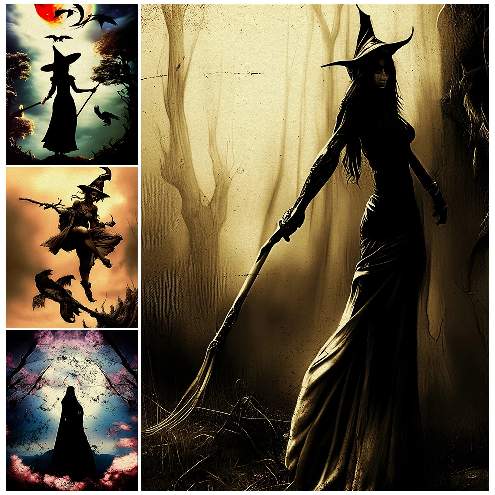 

Dark Creepy Old Witch And The Witches Sabbath Vintage Wall Art Canvas Painting Ai Generated Image Art Poster Print Home Decor