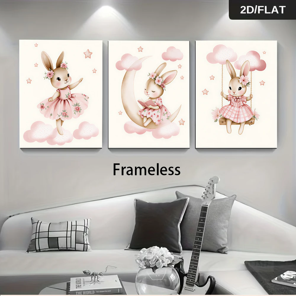 1 set of children's room cartoon rabbit triptych frameless drawing cute rabbit cloud moon swing illustration 2D plan