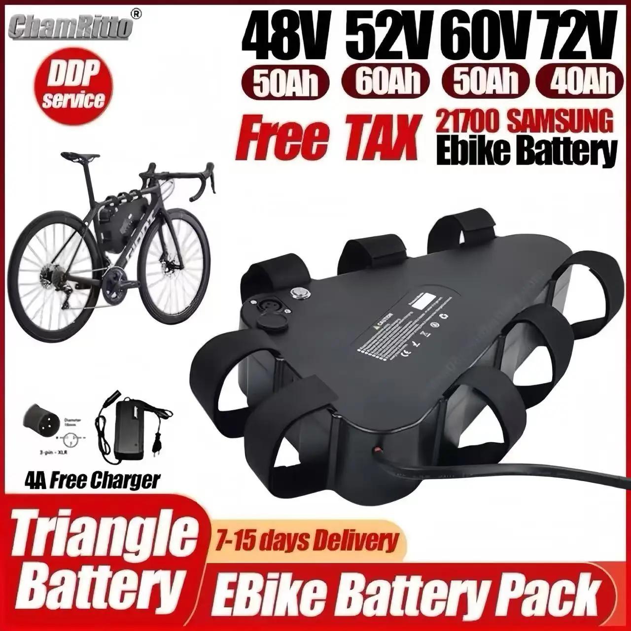 

36v 48v 52v 60v 72v Electric Bicycle chamrider Triangle battery 30ah 40ah 50ah 60ah ebike 1000w2000w 3000w 21700 lithium battery