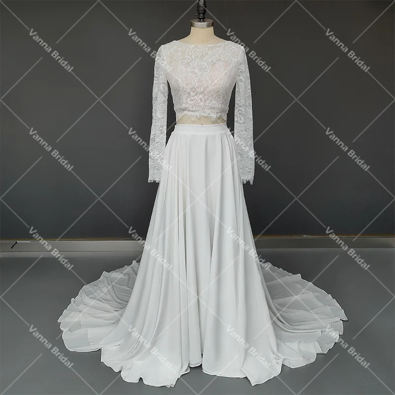 Vestido de casamento de duas peças de renda rústica, mangas compridas, chiffon personalizado, plus size, linha, fotografia, top curto, praia, vestidos de noiva