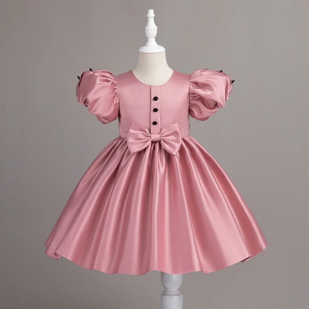 Girls Baby Sequined Mesh Puff Sleeves Birthday Party Dress Beautiful Girl Kids Children Summer Clothes Bow Satin Princess Dress
