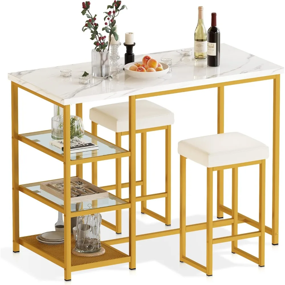 2-person Dining Table Set with Storage Space, Artificial Marble Kitchen Table and Chair Set, Modern Designed Dining Room Set