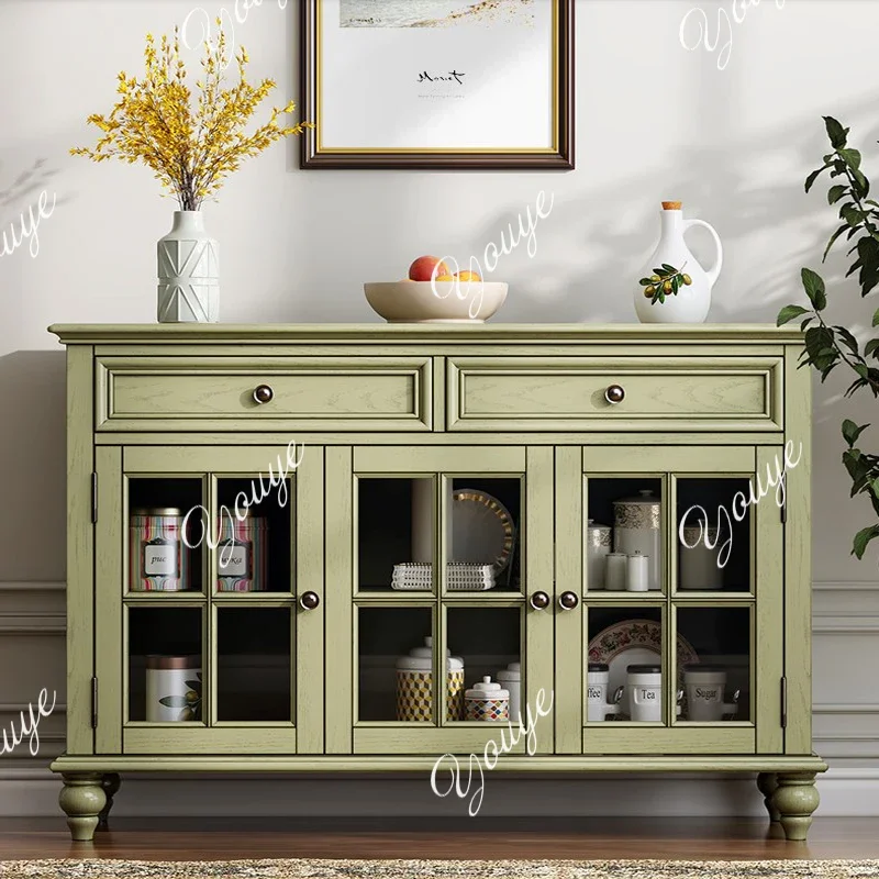 

J American Country Solid Wood Sideboard, Pastoral Vintage Green Wine Cabinet, Living Room Storage Cabinet, French Ash Furniture