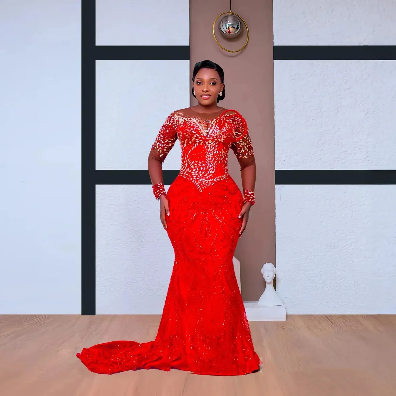 Red Sheer Neck Beaded Mermaid Evening Gowns Aso Ebi Prom Dress For Special Occasions Sequin Long Sleeve Illusion Formal Dresses