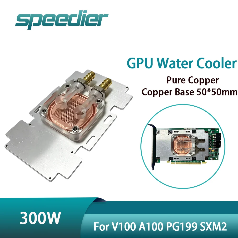 SXM2 GPU Water Cooler Pure Copper Base CNC Aluminum Heat Spreader For V100 PG199 A100 Dual Slot High Power Cooling Barb Fitting