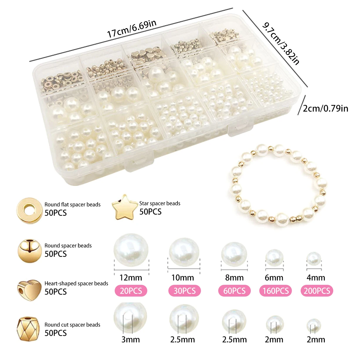 720 قطعة مجموعة خرز فاصل متنوعة لتقوم بها بنفسك سوار اللؤلؤ القرط قلادة صنع عدة مع اللؤلؤ جولة/نجمة/الأوجه/مسطحة/القلب الخرز