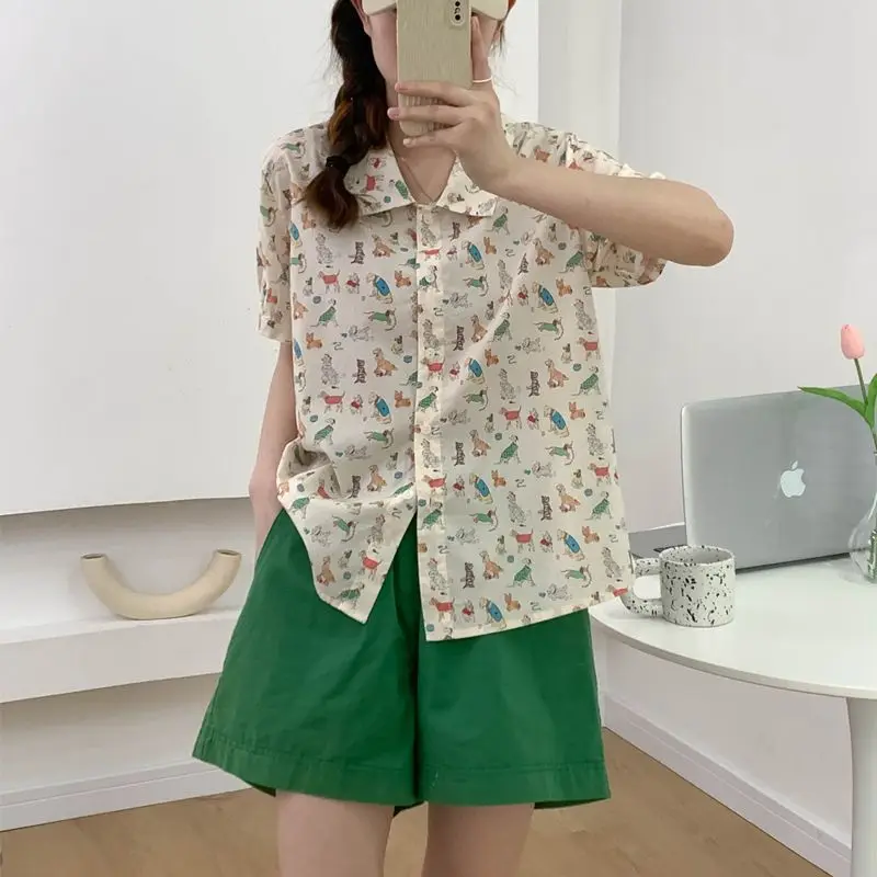 Hong Kong style retro style cute dog print short-sleeved shirt for women 2024 summer new casual literary design women clothing