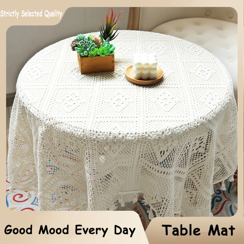 العتيقة الكروشيه الدانتيل مفرش طاولة مستديرة غطاء الطاولة عدم الانزلاق الجدول حصيرة البوليستر للنزهة الزفاف طاولة طعام ديكور #1