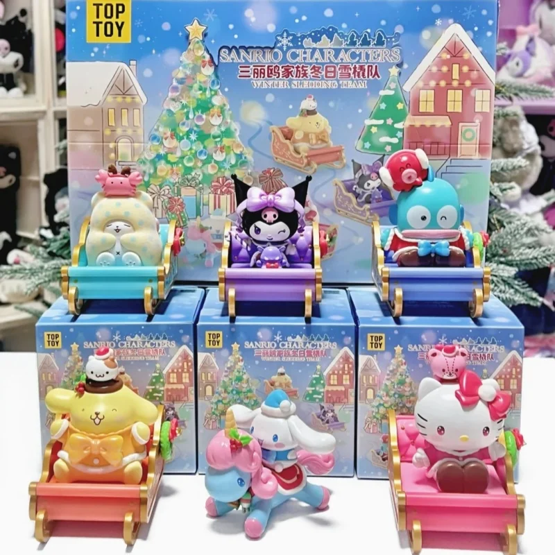 Heiße Original Sanrio Winter Rodeln Team Blind Box Kuromi Hellokitty Cinnamoroll Pom Pom Purin Hangyodon Kinder Weihnachtsgeschenke