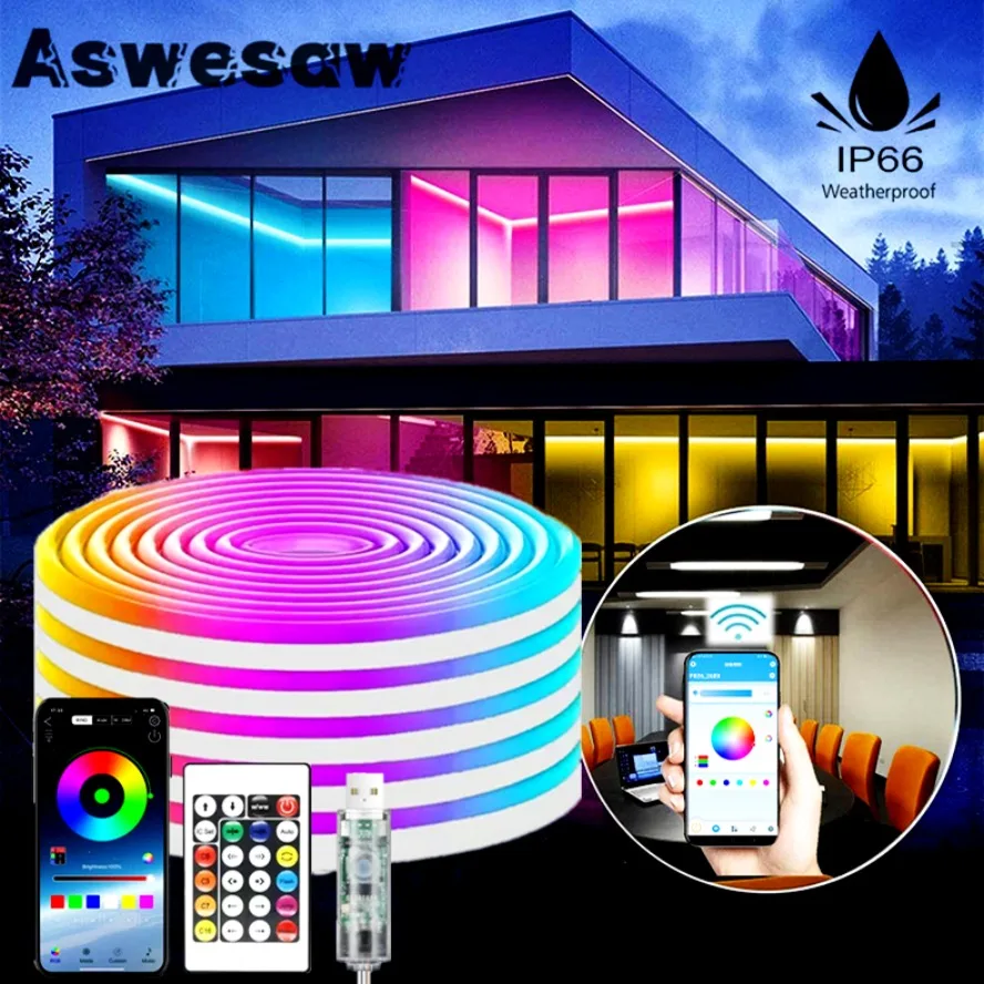 5m USB Smart Control RGB Neon Strip Light Waterproof Flexible Neon Lights with Bluetooth Remote Control for Smart Home Decor