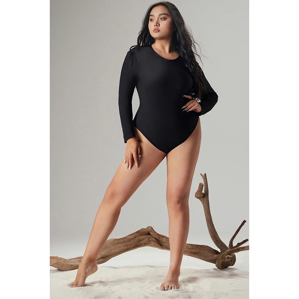 Bodysuit malha manga longa, gola redonda, preto, casual, plus size