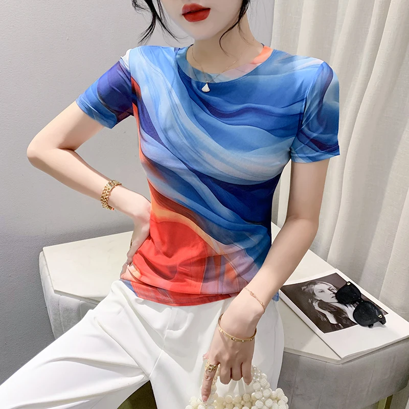 Size S-3XL Fashion Located Printing Mesh T-shirt Women's Summer New T Shirts Short Sleeve O Neck Tee Top For Female