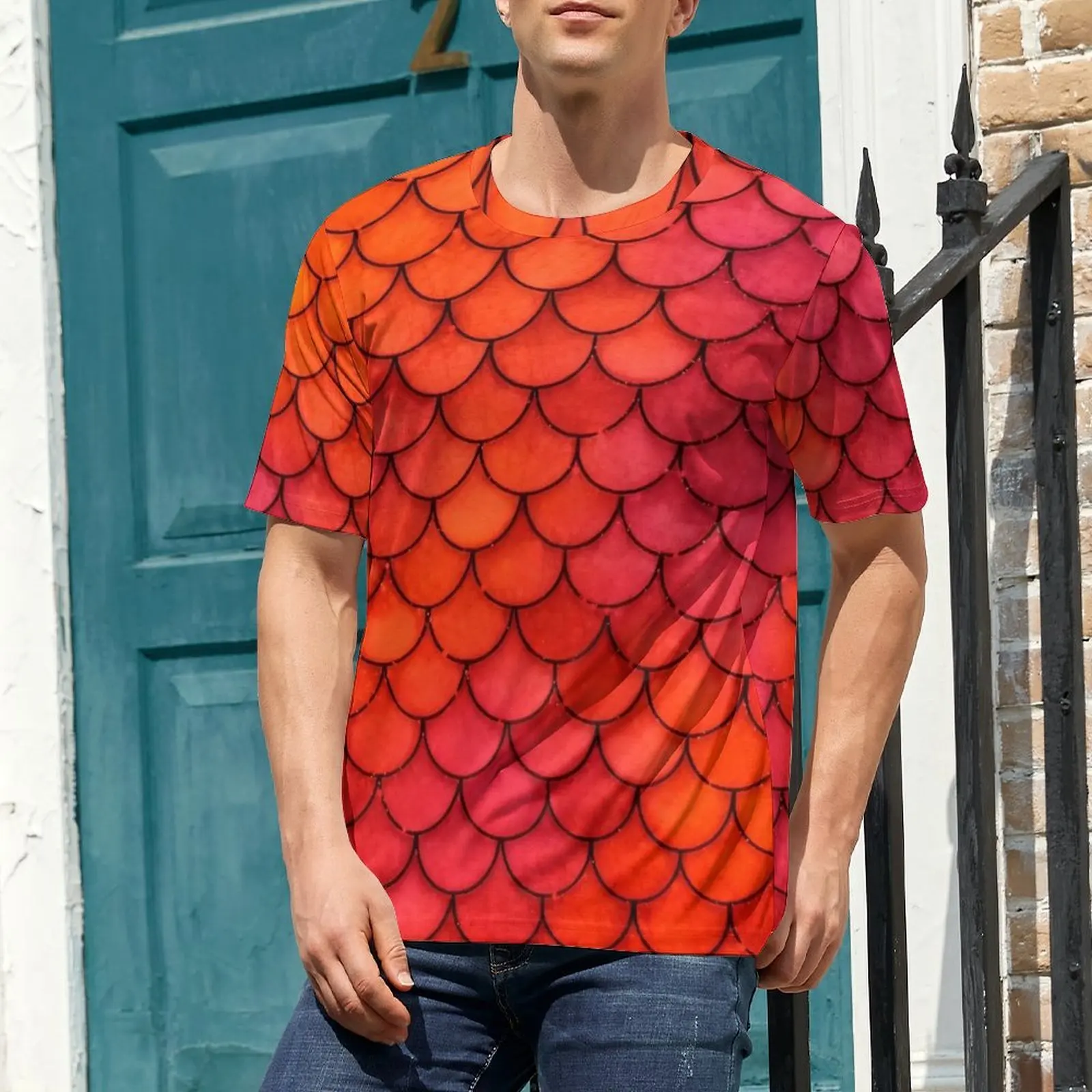 Man Red Orange Mermaid Scale T Shirt Popular T-Shirts Short-Sleeve Graphic Tshirt Hot Sale Summer Street Style Plus Size Top Tee