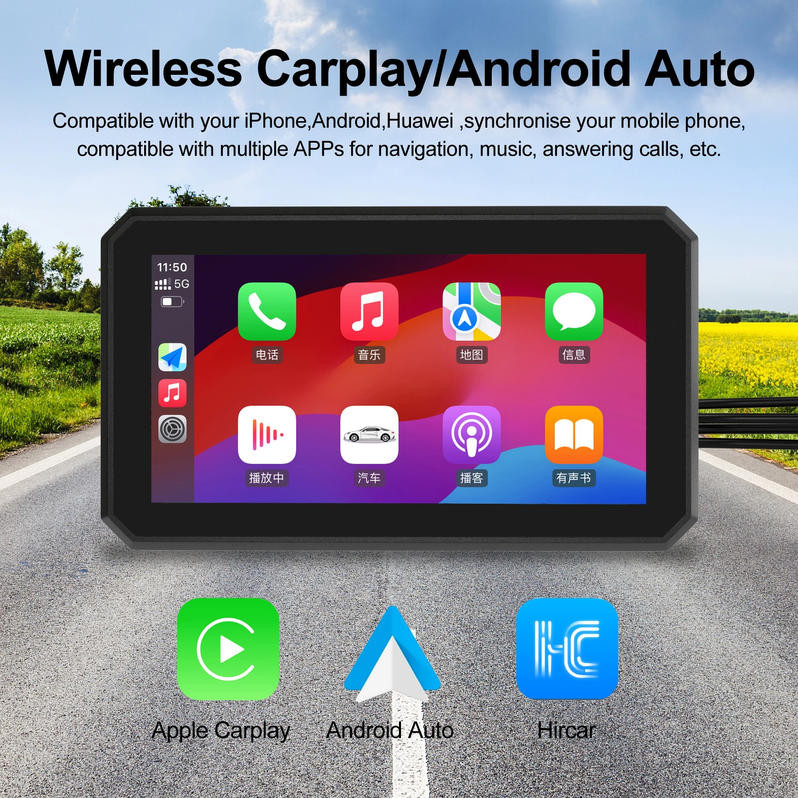 Dual Bluetooth Motorcycle CarPlay, VR Robot, Navegação Sem Fio, Controlador de Guiador, Moto Camera Recorder, Android Auto, 5"