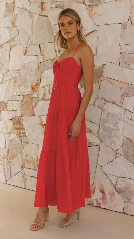 

Women's Fashion Dress Solid Color Backless Sleeveless Mid Waist Suspender Chiffon Pleated Spring Summer Jumpsuit Long Skirt