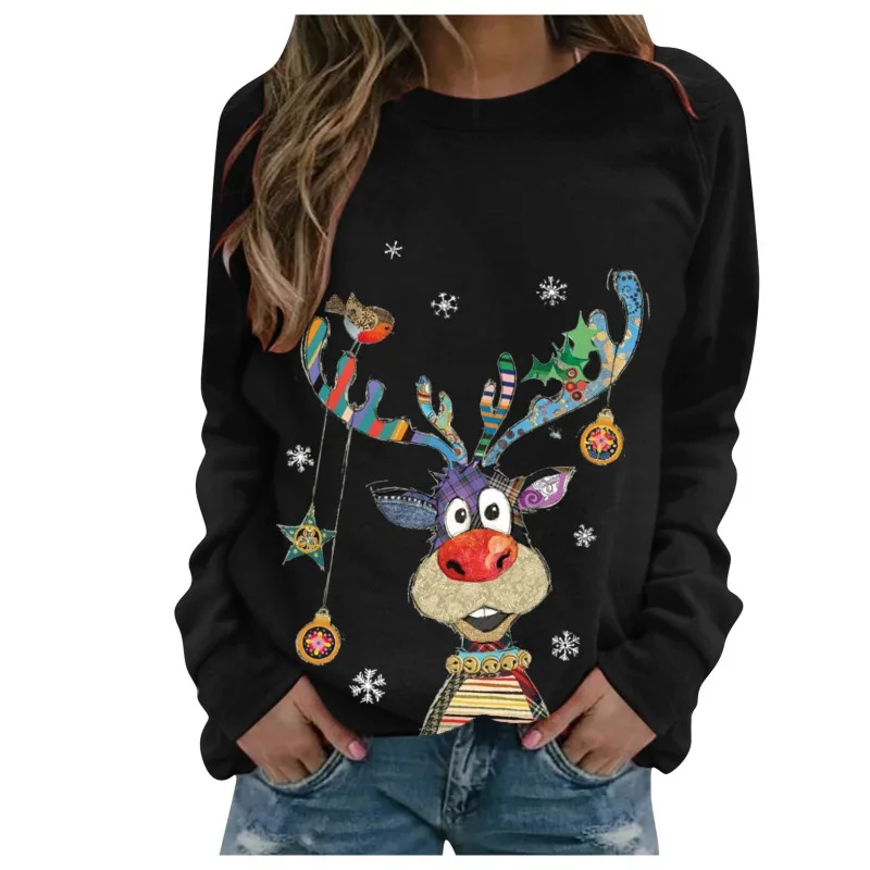 Mode Weihnachten Serie Hoodie frauen Neue Cartoon Lange ärmeln Rundhals Pullover Casual Top Sweatshirt Harajuku