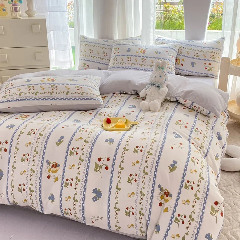 Botanical Floral Duvet Cover Set Queen 4 Pcs Garden Flowers Cartoon Rabbit Bedding Set Farmhouse Comforter Cover with Flat Sheet