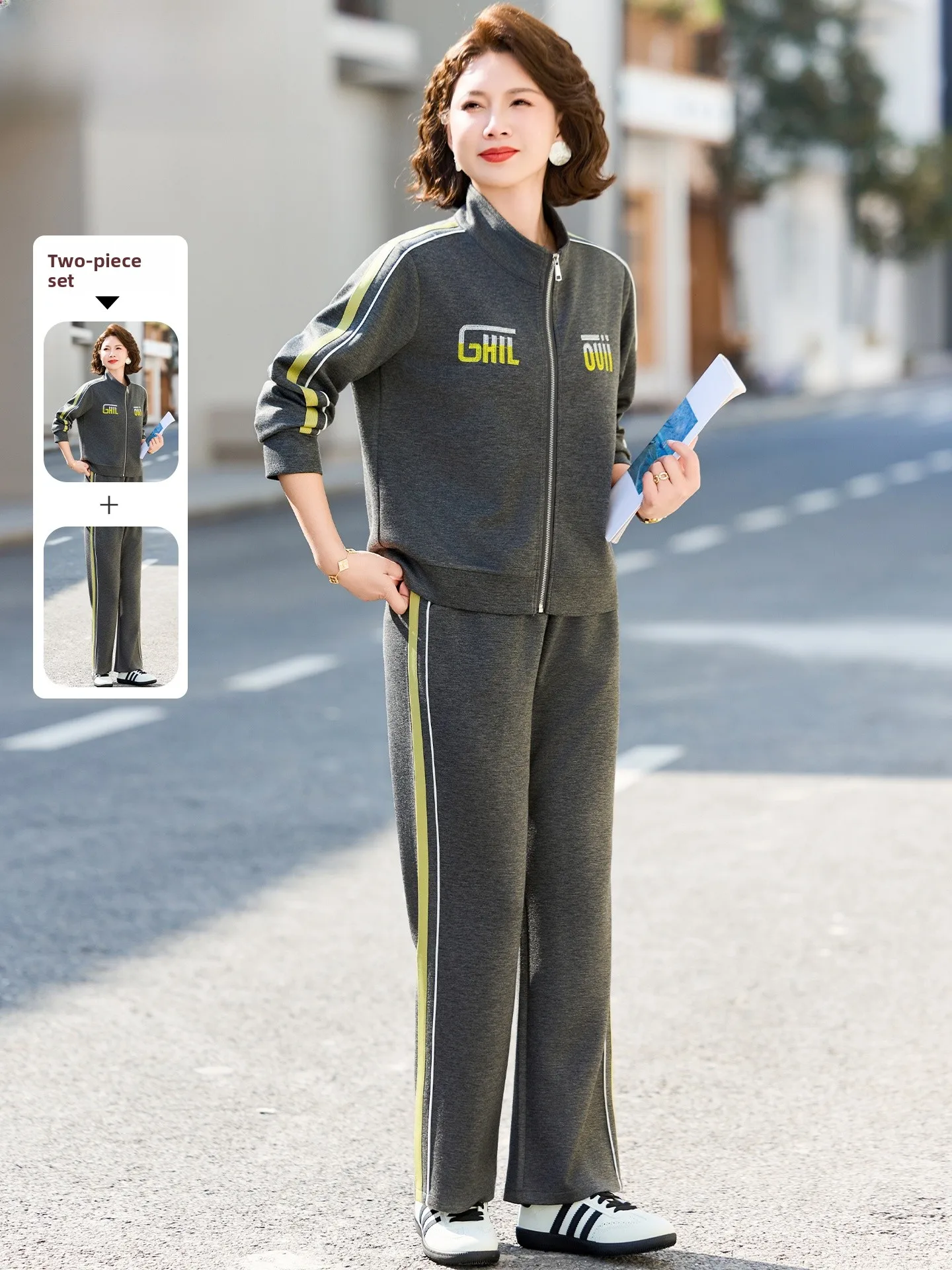 

Spring Outfit Set Casual Sports Women's Two-Piece Suit Middle-Aged And ly Red Top Coat Warmth Polyester Fiber Long Pants