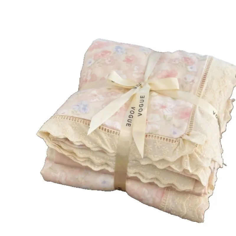 

Customizable Class A Korean version hollow lace edge cotton double yarn four-piece set