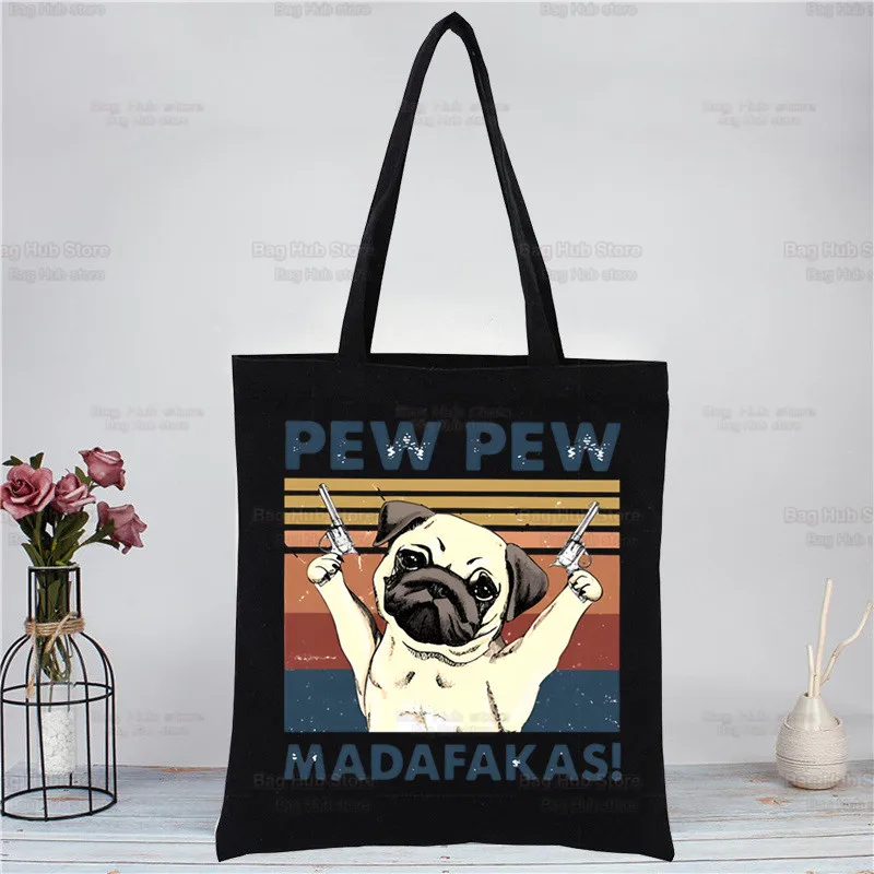 Pug Dog Harajuku Canvas Women's College Ulzzang Black Large Animal Pet Cartoon Capacity Casual Fashion Shoulder Bags