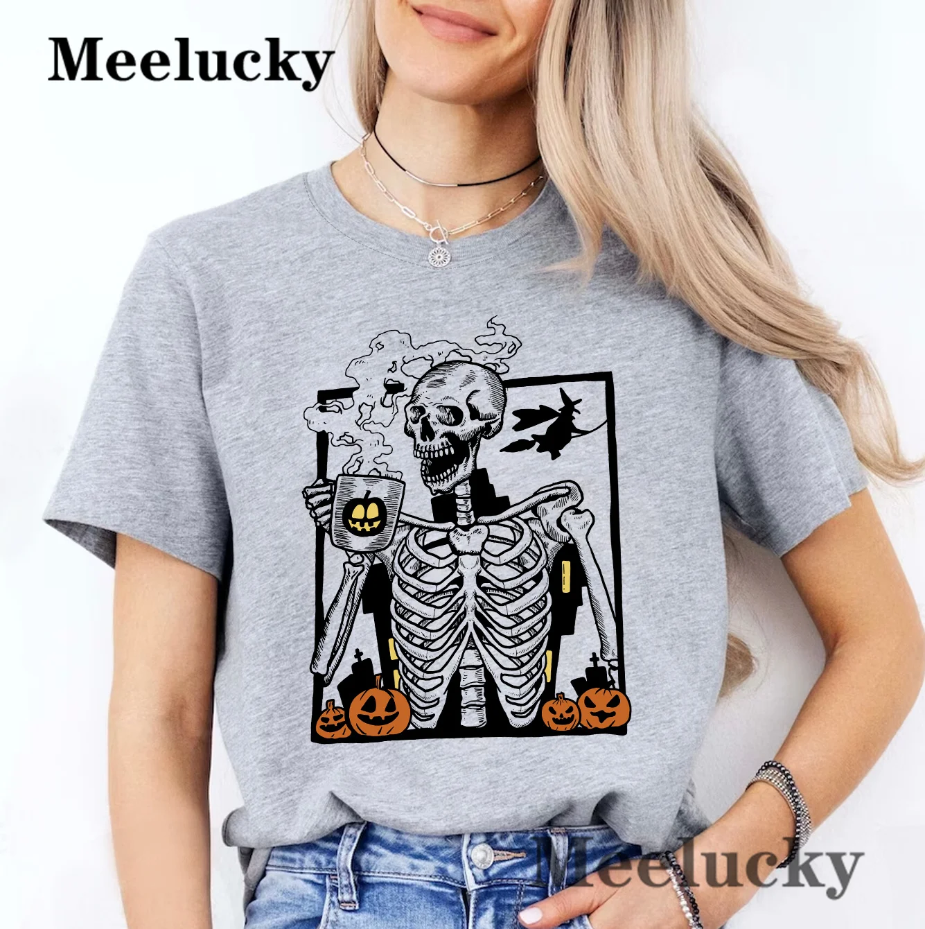 Coffee Skeleton Halloween T-shirt Casual Vintage Skull Print Crew Neck Loose Short Sleeve Fashion Top Women Clothing