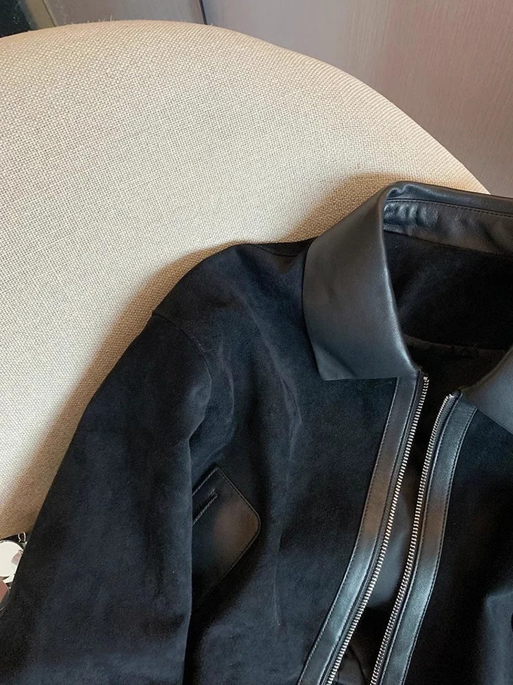 Giacca Corta da Donna in Pelle PU e Camoscio con Colletto Rialzato, Vestibilità Ampia, Stile Vintage Casual, Tendenza Primavera Autunno