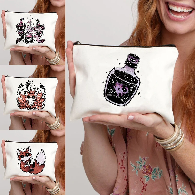 Bolsa de aseo con diseño de zorro para mujer y niño, neceser bonito de estilo Zombie kawaii, organizador de pintalabios para novia y viaje