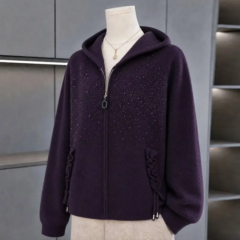 Mother Woolen Coat Women's Autumn Winter New Hooded Jacket Middle-aged Elderly Outwear Ladies Western Style Zipper Cardigan Tops