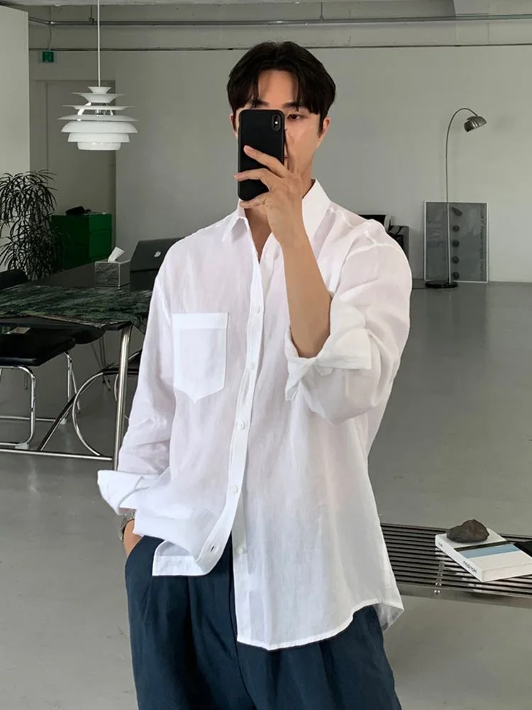 

Linen Cotton Shirt Men's Loose Fit Long Sleeve Collared Casual Pure Color Korean Style Vintage Summer Autumn Fashion Breathable