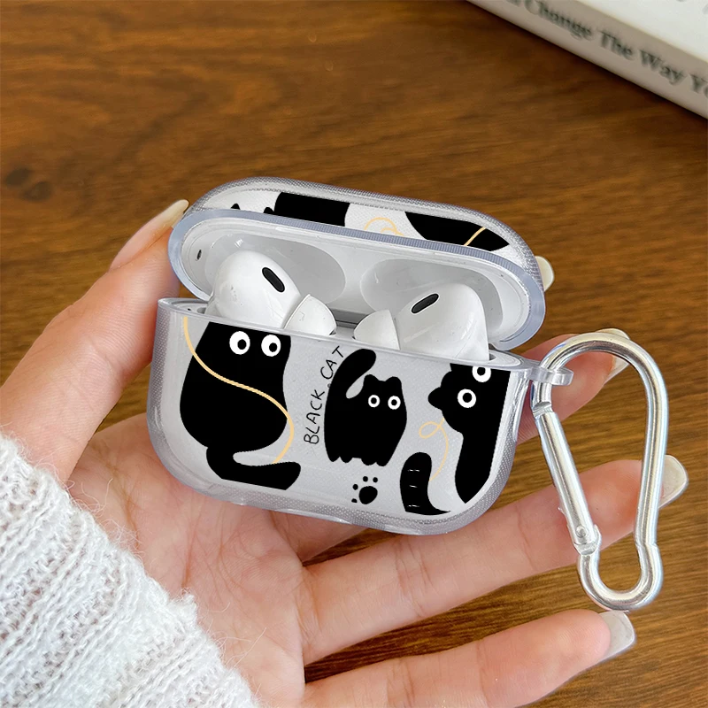Cute Cartoon Black Cat Earphone Case for AirPods Pro3/Pro2/Pro Earbuds Case For AirPods 4/3/2/1 Shockproof  TPU Protective Cover