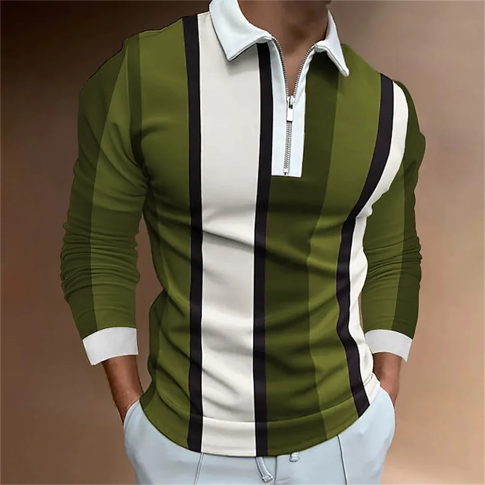 2024 Golf Wear Men Striped Print Microelastic Lapel Polo Shirts Men Top Porosity Fashion Zipper Long Sleeve T Shirt Men Clothing