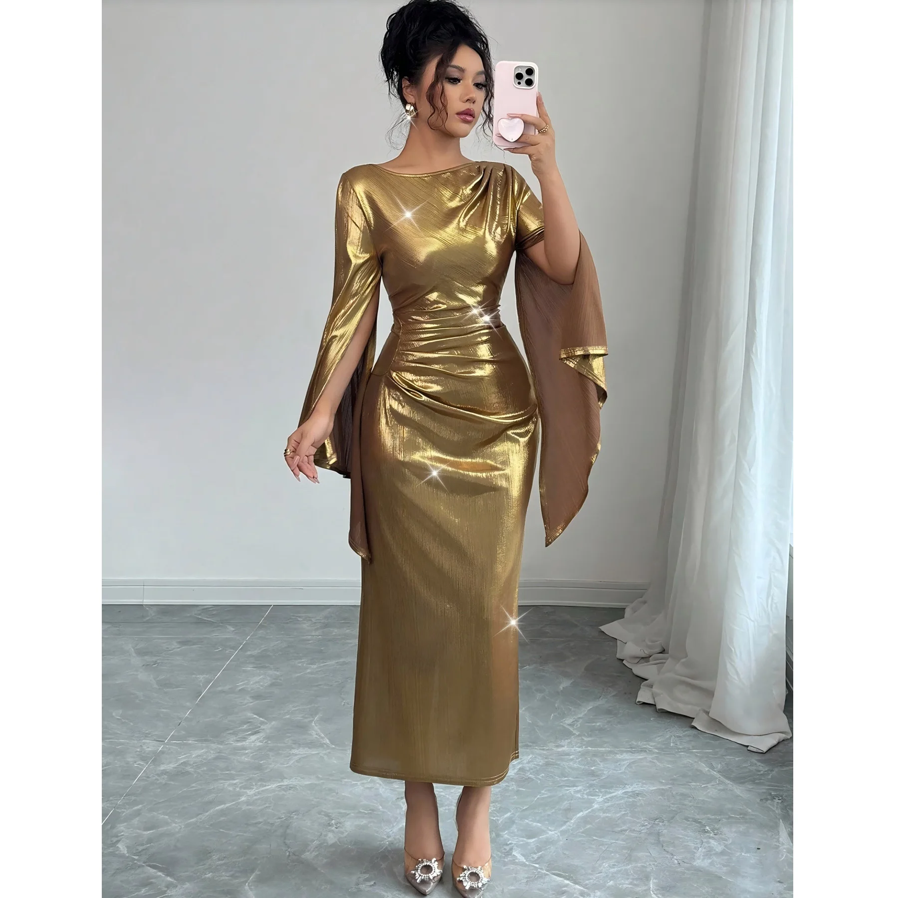 Vestido plisado metálico vestidos de noche para discoteca 2025 mujeres otoño Sexy ceñido al cuerpo Maxi vestidos de fiesta elegante vestido de fiesta de noche