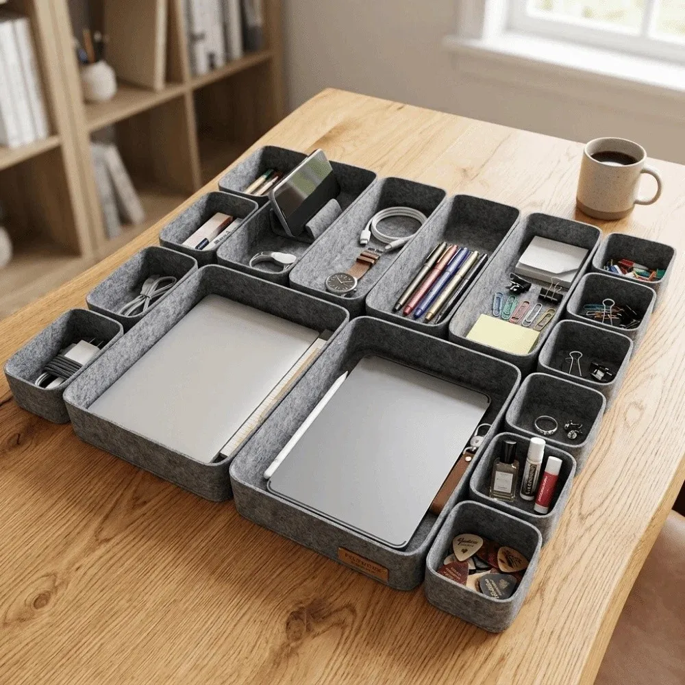 16Pcs/Set Creative Felt Storage Box Set Space-Saving Seamless Drawer Organizer Large Capacity Durable Desktop Sundries Box