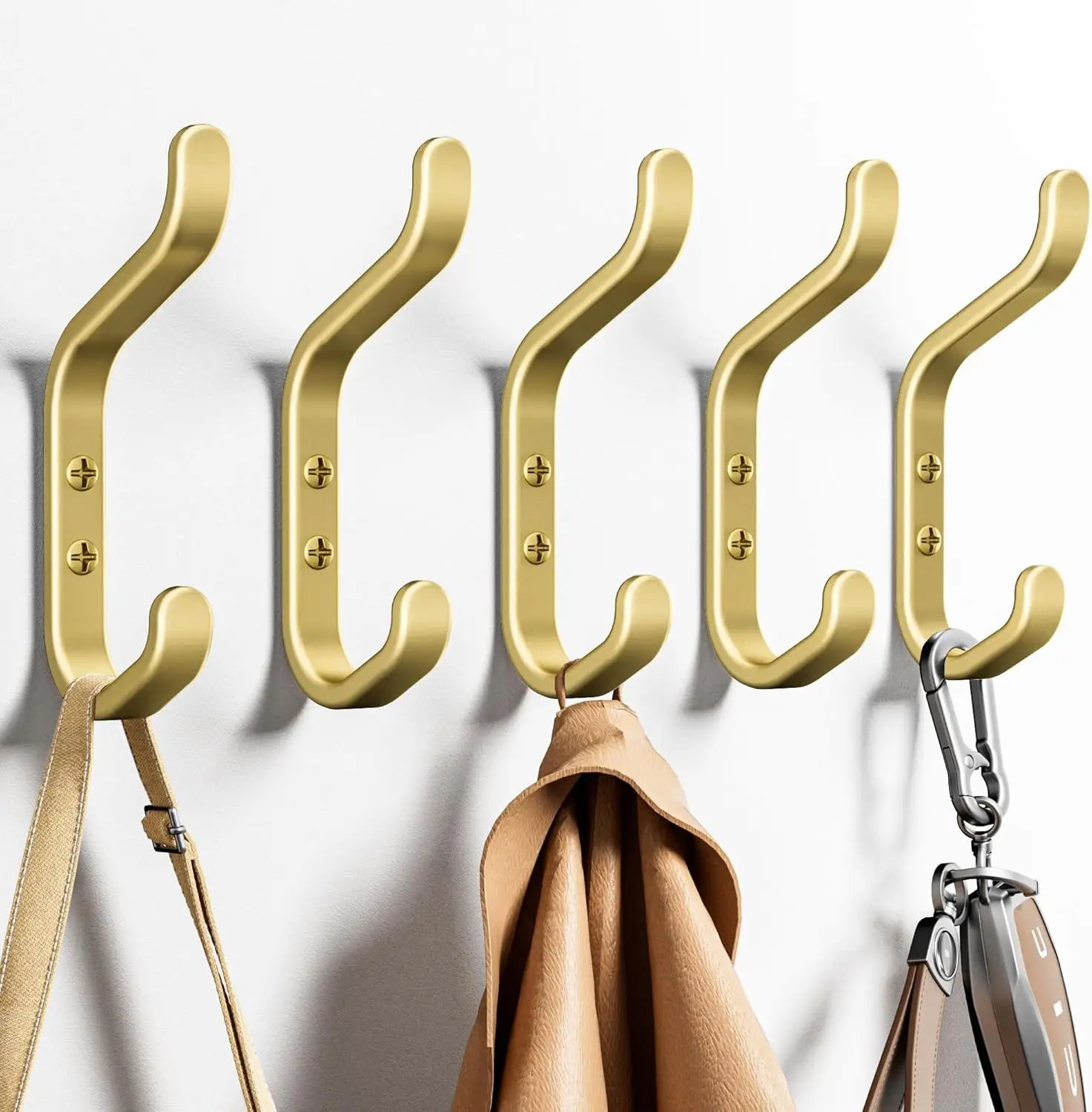 Gold Stainless Steel Double Coat Hook 5 Pack for Hanging Coats, Bags, Keys and Towels in Closet, Entryway, Bathroom