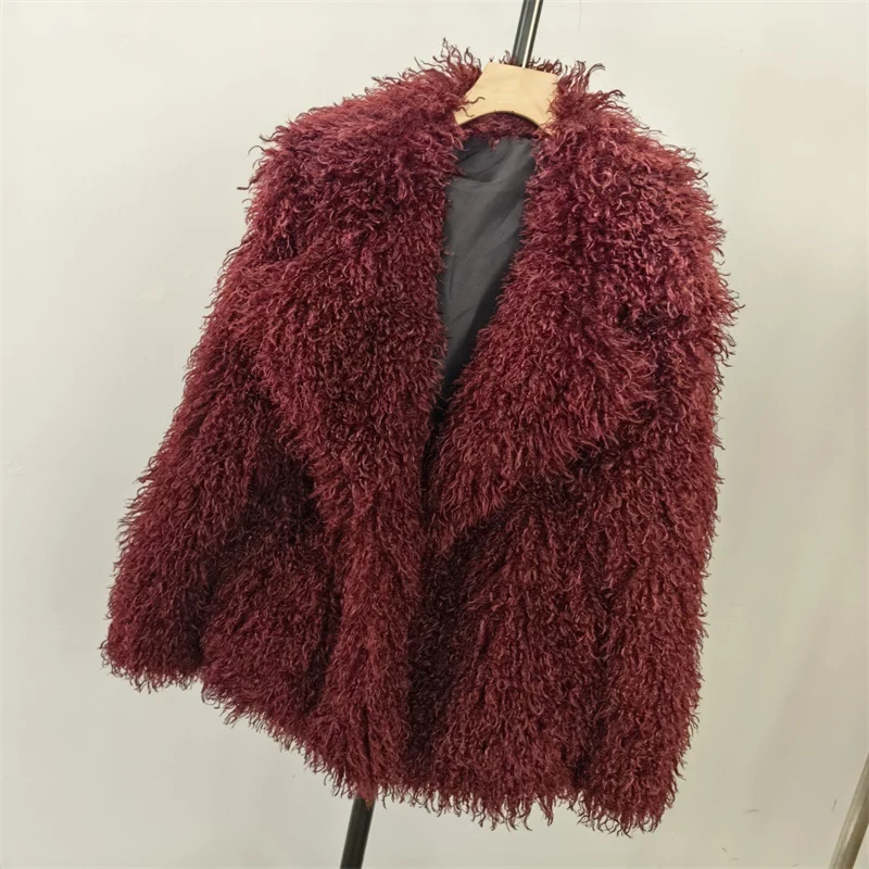 2025 Mode vrouwen Nepbont Korte Jas Herfst Winter Imitatie Mongolië Schapenbont Jas Revers Warme Bovenkleding Streetwear tops