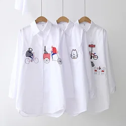 White Women Shirt Long Sleeve Cotton Blouse Office Lady Elegant Embroidery Casual Tops Turn Down Collar Clothing