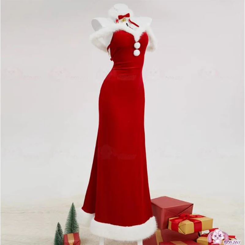 Women Red Christmas Cosplay Costume Women Lingerie Dress Plush High Split Backless Long Dress with Hat Gloves Customized