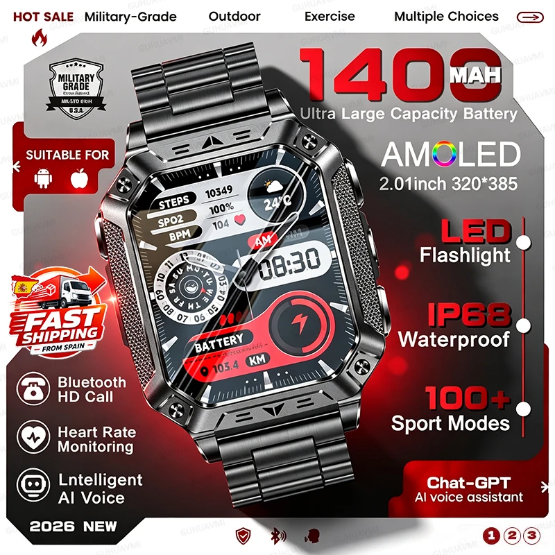 2026 NUOVO Smartwatch Tattico Militare da Esterno Aggiornato con Batteria da 1400mAh, Impermeabile IP68, SOS, Torcia LED Rossa e Bianca, 100+ Modalità Sport, Chiamate HD, Compatibile con Android e iOS