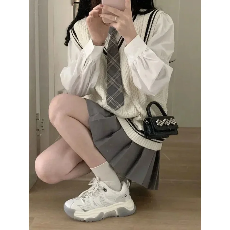 Japanese Cute School Uniform Women Korean Winter Knitting Sweater Skirt Sets V-neck Long Sleeve Jk Uniform School Girl Cosplay