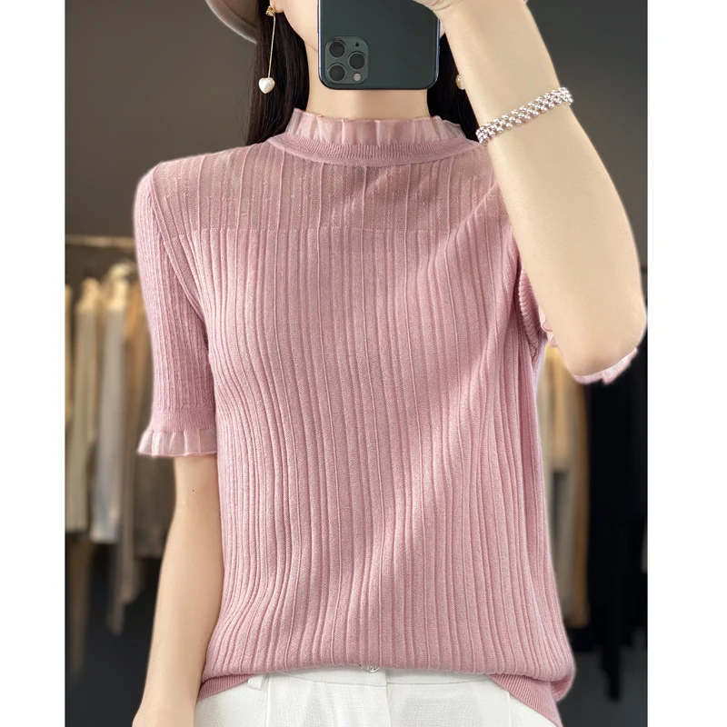 Cashmere Sweater Half sleeve Women Summer  2023  Cashmere Short sleeve Tops Women Lace Cashmere Pullovers Female