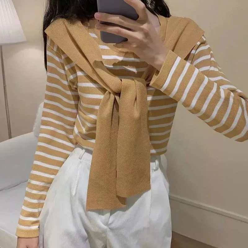 Autumn Casual Korean Striped O-neck Long Sleeve Pullovers Women Clothing All-match Patchwork Fake Two Pieces Sweaters Ladies