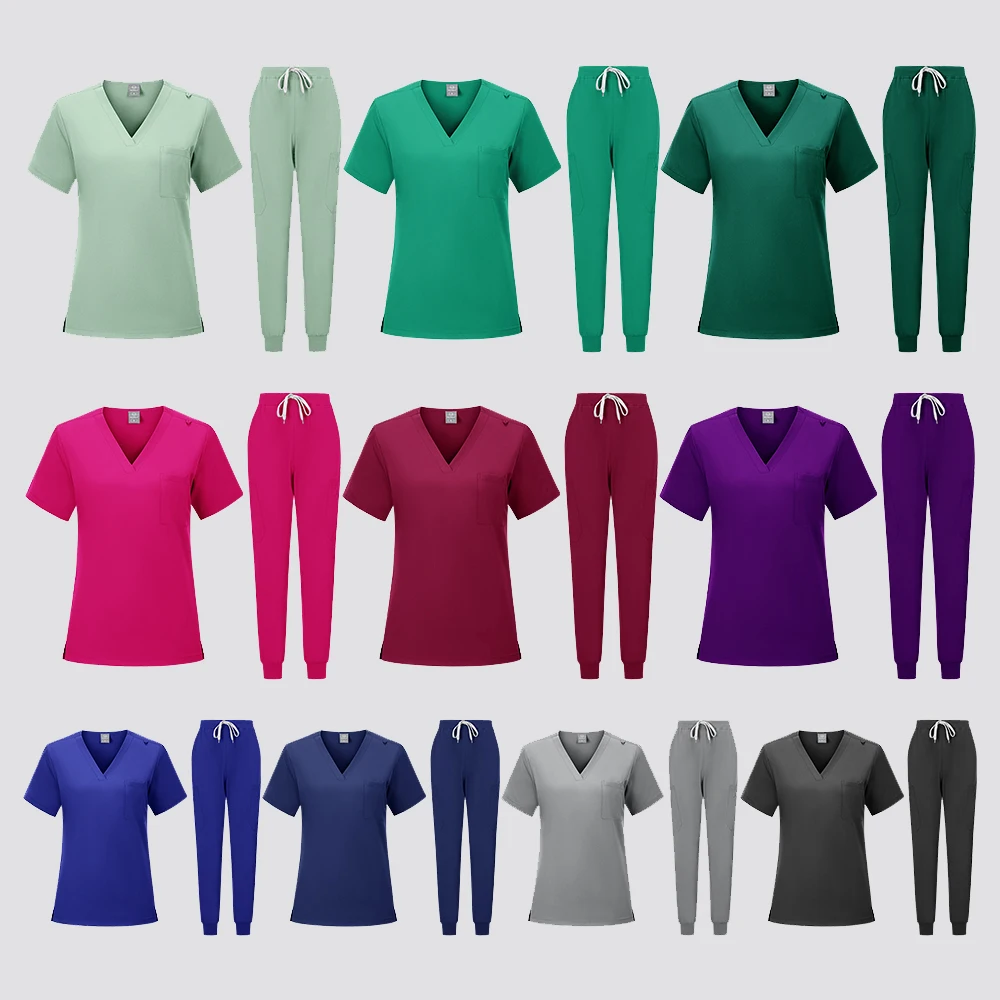 포켓 바지와 새로운 짧은 소매 스크럽 탑 의료 간호사 유니폼 의사 수술 작업복 스파 아웃웨어 뷰티 살롱 작업복