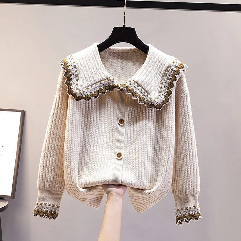 

Embroidery Knitted Cardigan for Women, Long-Sleeved Sweater, Turn-Down Collar, Monochrome Tops, Female Outwear, Coats, Winter