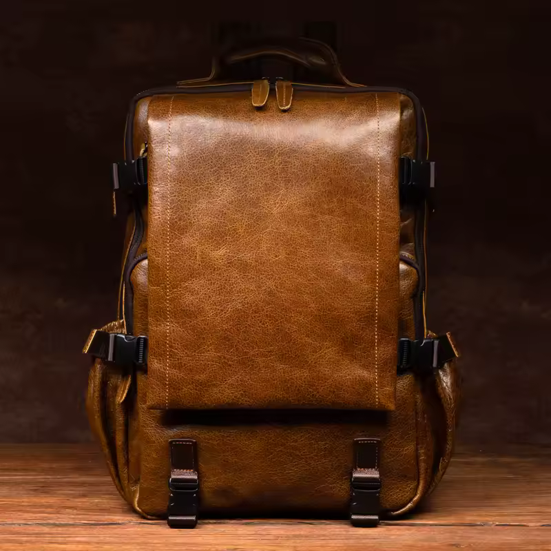 Mochila Retro de cuero de vaca para hombre y mujer, bolso de viaje al aire libre, mochila de ordenador de negocios de gran capacidad