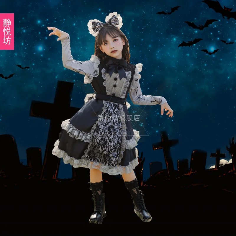 Halloween Costume Cos Kids Loli Dress Dark Gothic Witch Girl Maid Costume