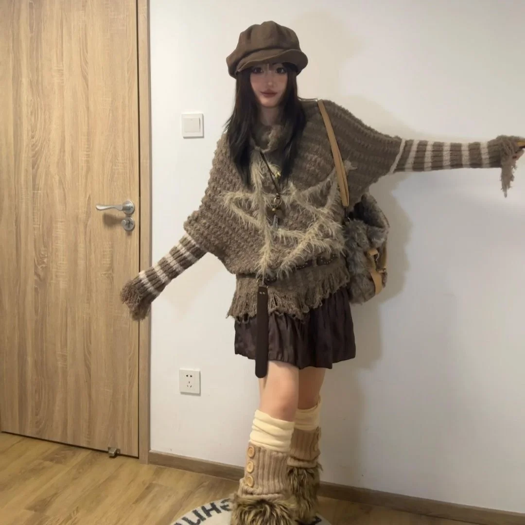 Herfst en winter nieuwe retro punk straat opstandig wandelen gevoel pentagram streep losse gebreide trui voor dames