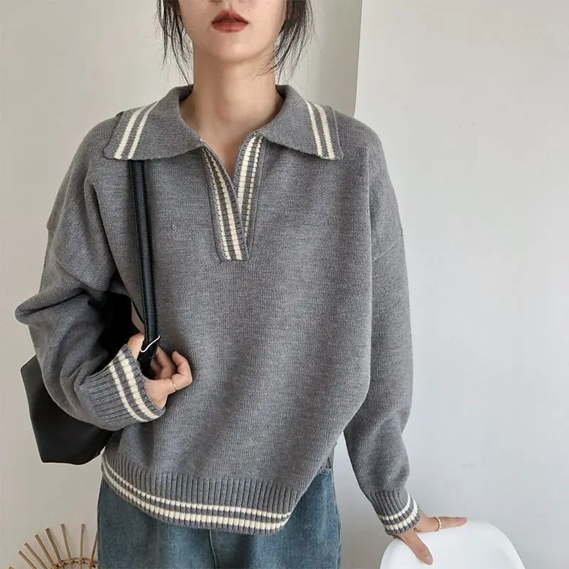 Korean Simple College Style Polo Collar Knitted Sweater Women Autumn Winter Design Y2K Niche Loose and Versatile Bottoming Shirt