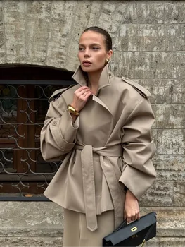 Solid Lapel Lace Up Trench Coat Women Fashion Full Sleeve Waist Cinching Short Windbreak 2026 Spring Office Lady Commute Outwear 2