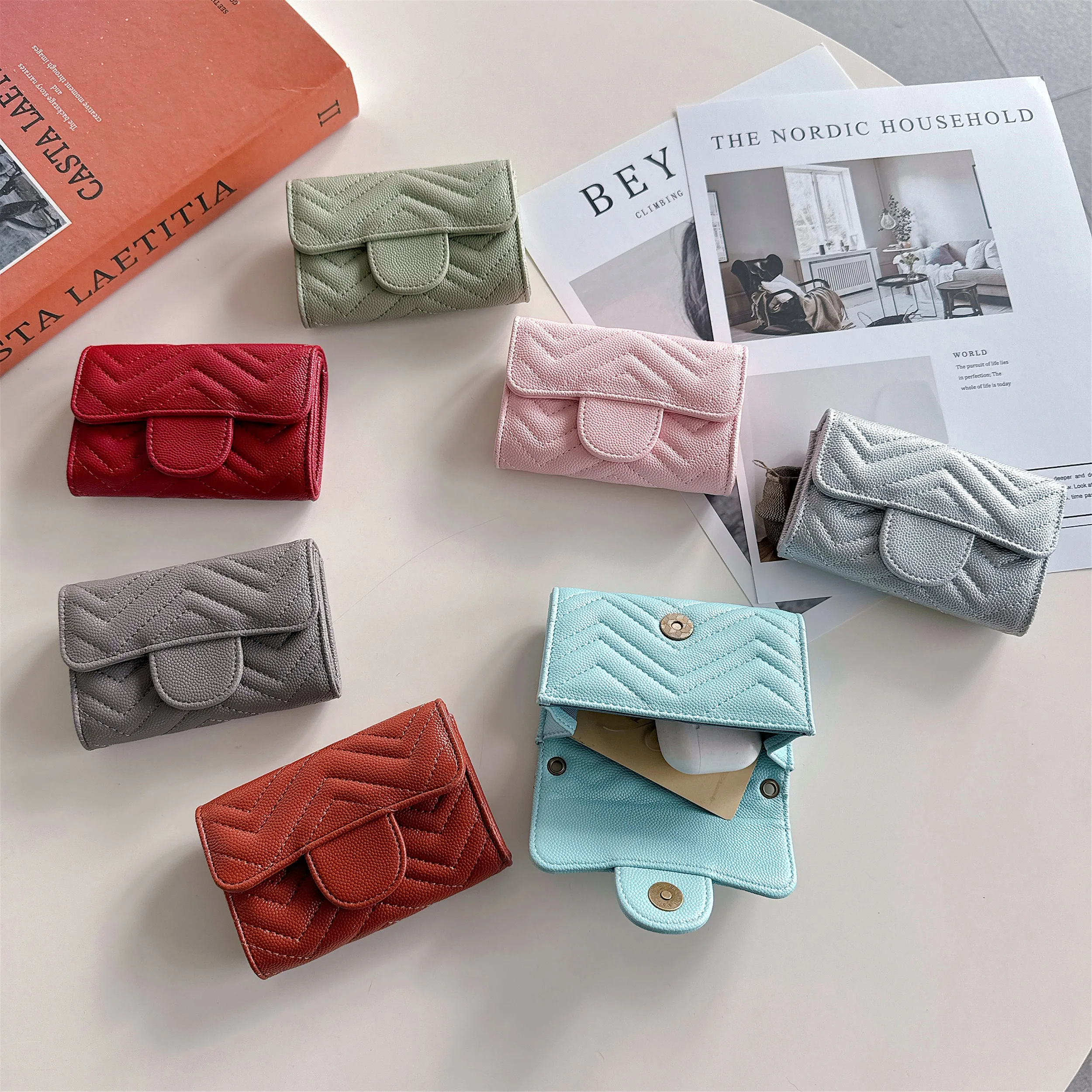 Mini chevron funcional carteira titular do cartão moeda bolsa criativa multi-função saco chave batom embreagem para bluetooth airpods caso